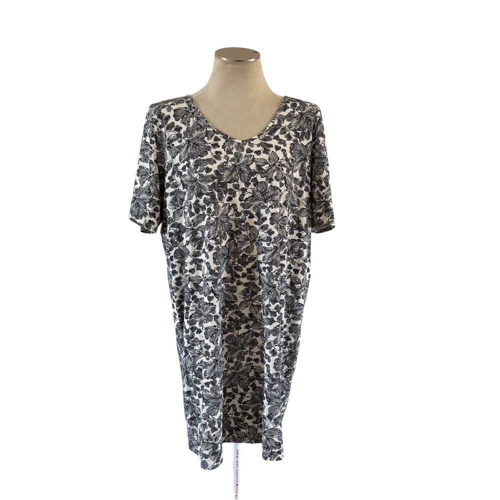 J Jill Black and White Floral Stretch T Shirt Dress Sz XL Comfort Cottagecore